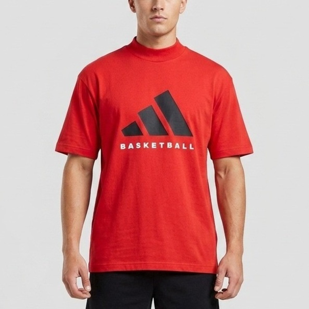 Adidas Basketball Graphic T-Shirt Red Mock Neck Men Oversized XL NEW